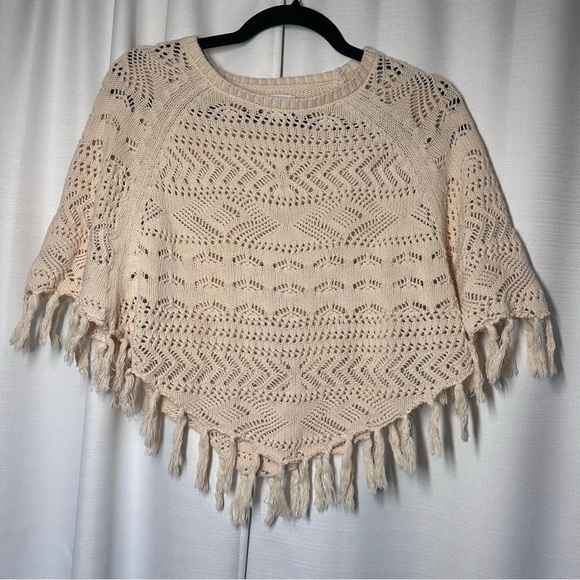 Garnet Hill Kids Poncho Cream Crochet Large Organic Cotton Boho Fringe Western - Picture 8 of 10
